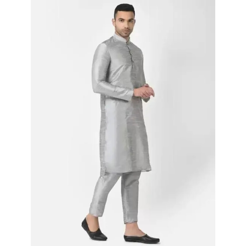 Men's AHBABI Solid Dupion Silk Kurta Pyjama Set Silver