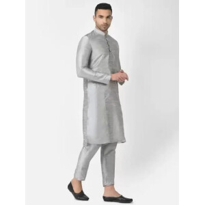 Men's AHBABI Solid Dupion Silk Kurta Pyjama Set Silver