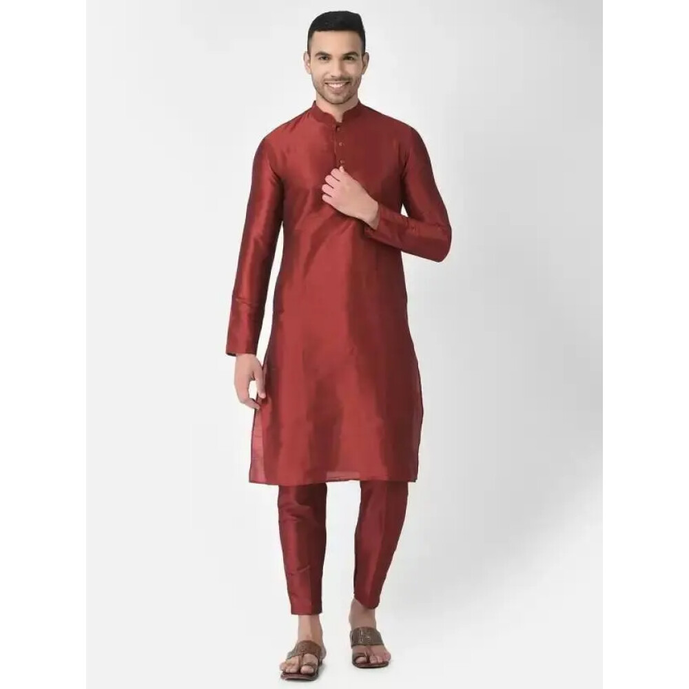 Product Name: Men's AHBABI Solid Dupion Silk Kurta Pyjama Set Red Package Contains: It has 1 Kurta Pyjama Setof Men's Fabric: Pure Silk Color: Red Brand: AHBABI