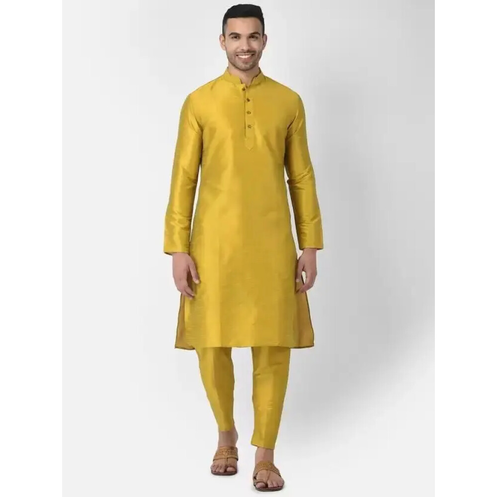 Men's AHBABI Solid Dupion Silk Kurta Pyjama Set Mustard